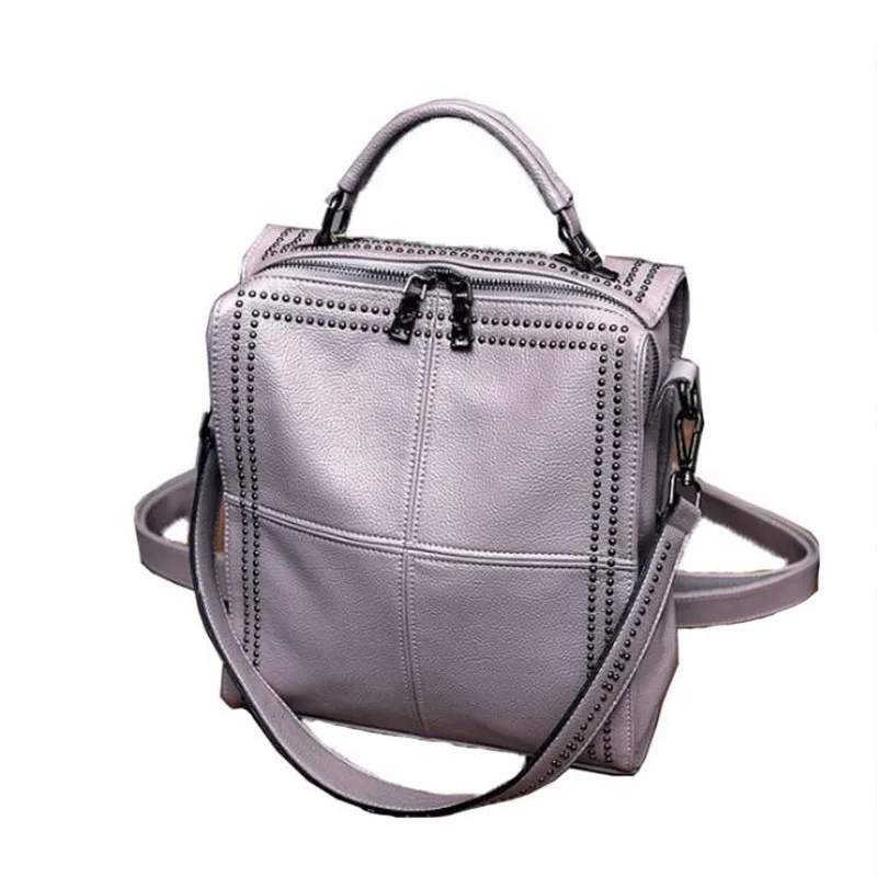 Womens Backpack Genuine Leather Female Bags High Quality Top Layer Cow Skin Fashion Zipper Rivet Shoulder Bag With Hard Handle