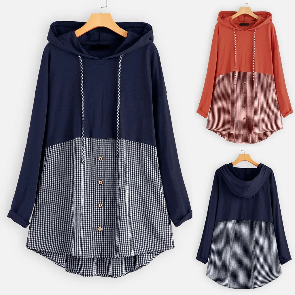 Блузка 2019Top Горячая Мода Женская Лоскутная клетчатая с круглым вырезом капюшоном