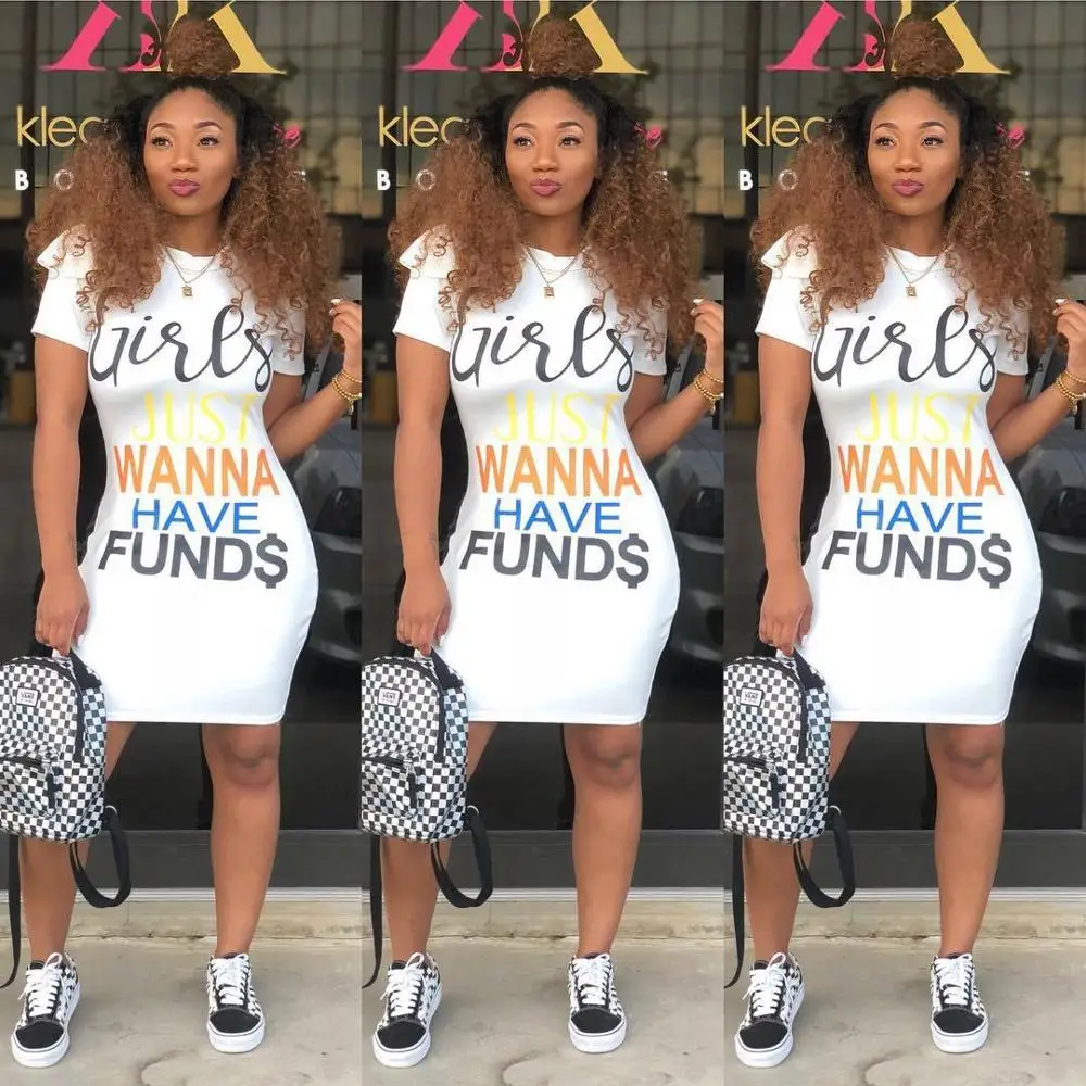 

2020 Summer Women Casual White and Black Skinny Bodycon Dress with Letter Print Short Sleeves Dresses For Female