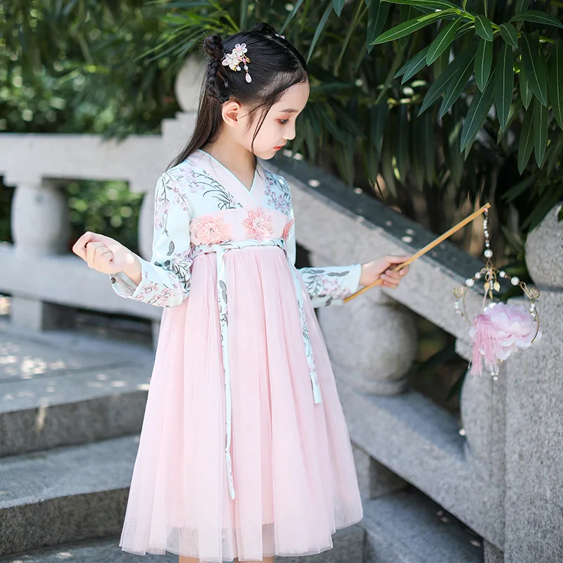 Hanfu/платье принцессы для девочек; коллекция года; сезон осень-зима; Новинка; китайский стиль; Ретро; детская одежда для детей 2, 8, 10 лет; праздничное платье принцессы для маленьких девочек