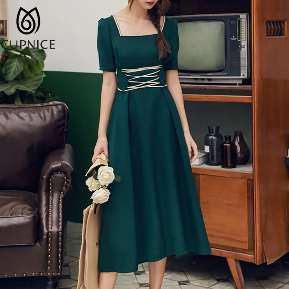 

CUPNICE French Women Summer Short Sleeve Vintage Square Collar Waist Tie Slim Fit Solid Elegant Dress Casual Backless Dress