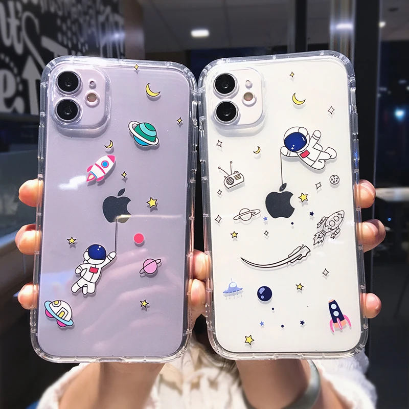 

Cute Cartoon Astronaut Planet Phone Case For iPhone 13 Pro Max 12 Mini 11 X XS XR 7 8 Plus Transparent Soft TPU Shockproof Cover