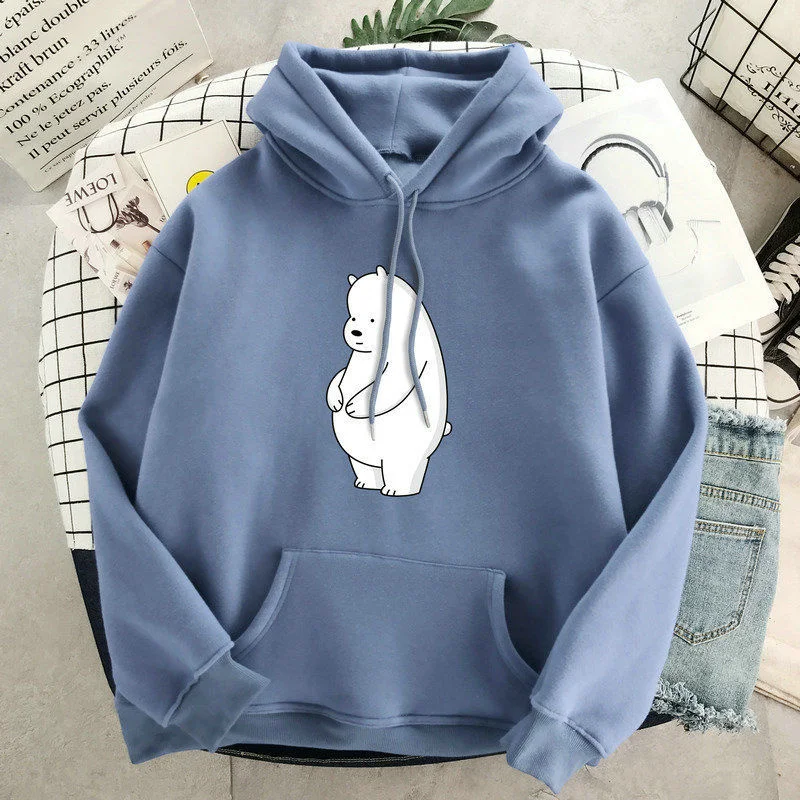 

Plus Size Women Hoodies White Bear Print Sweatshirts Winter Warm Pullovers Long Sleeve Oversize Ladies Pocket Hooded Jacket Tops