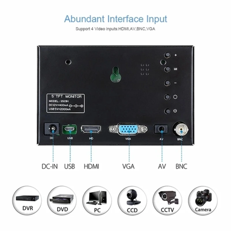 S501H Мини 5 дюймов монитор 5CH VGA/BNC/AV/HD/Ypbpr ЖК-дисплей Экран дисплея 800x480 поперечная линия для DVR, DVD, ПК, CCD, CCTV, Камера