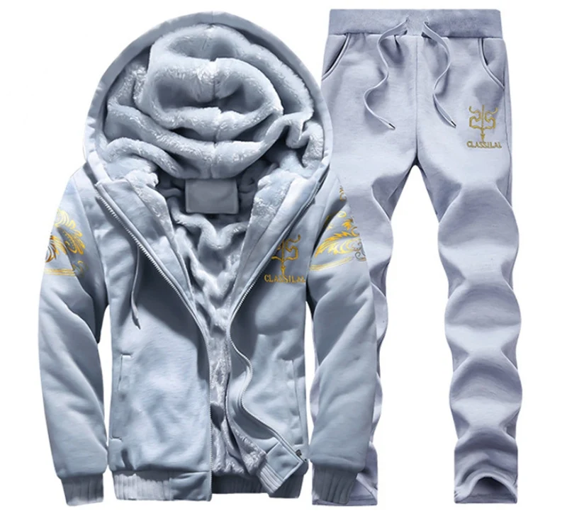 Grey Куртка с капюшоном на осень, одежда для прогулок, комплекты из двух предметов Masculino толстовки+ брюки; комплекты из 2 предметов Hombre Для мужчин спортивный костюм с принтом на весну MOOWNUC - Цвет: Grey