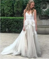 ivory a line spaghetti straps boho tulle wedding dresses train appliques lace long beach bridal gowns plus size bride dress