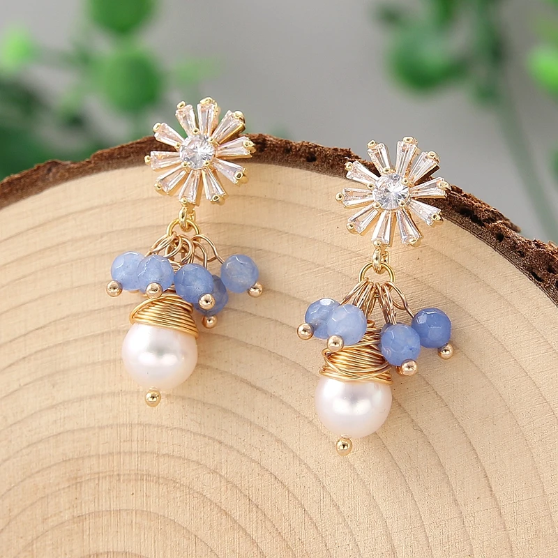 

Real Freshwater Pearl Cubic Zirconia Drop Earrings For Women Party Natural Stone Pearl Earrings Jewelry New