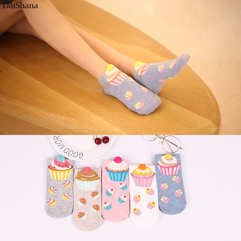 5Pair /lot =10Pieces Summer Invisible Female Fashion Funny Socks Casual Cute Cartoon Cat Cake Short Socks Cotton Ladies Dropship