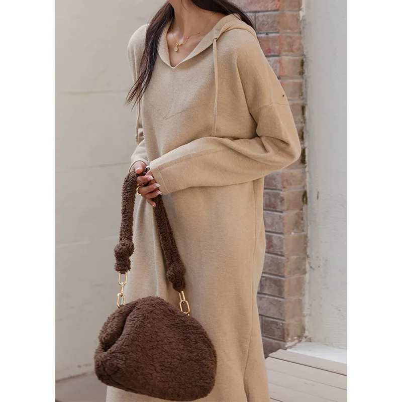 

Fleece Hooded Lace-Up Dress Female 2021 Autumn And Winter New Korean Style Temperament Lazy Style A-Line Bottom Skirt Tide