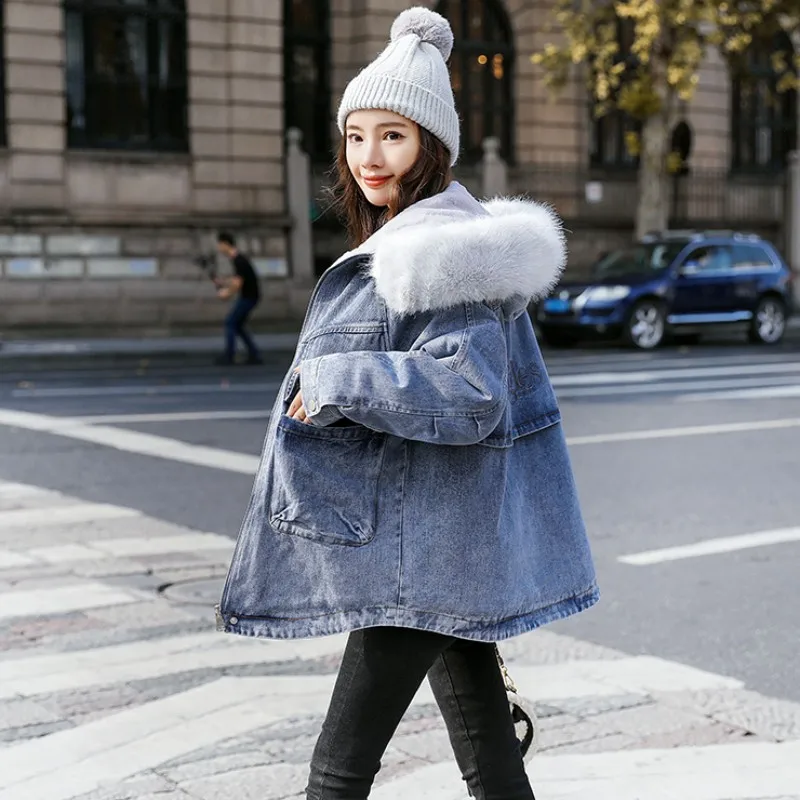 

2021 Winter Thicken Denim Coat Women Embroidery Loose Fit Zipper Casual Hooded Jacket Fashion Female Warm Fleece Liner Overcoat