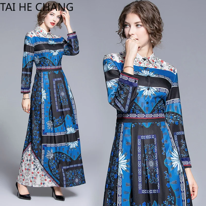 

Women Dress New Fashion Retro Spring Summer Elegant Slim Bodycon Vintage Party Runway Print Shirt Office Work Maxi Dresses