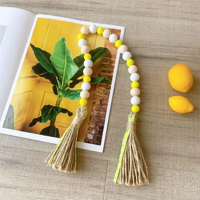

Lemon wood beads garland farmhouse with jute buffalo plaid tassels antique beads yellow lemonade slices chic decoration 2021 new