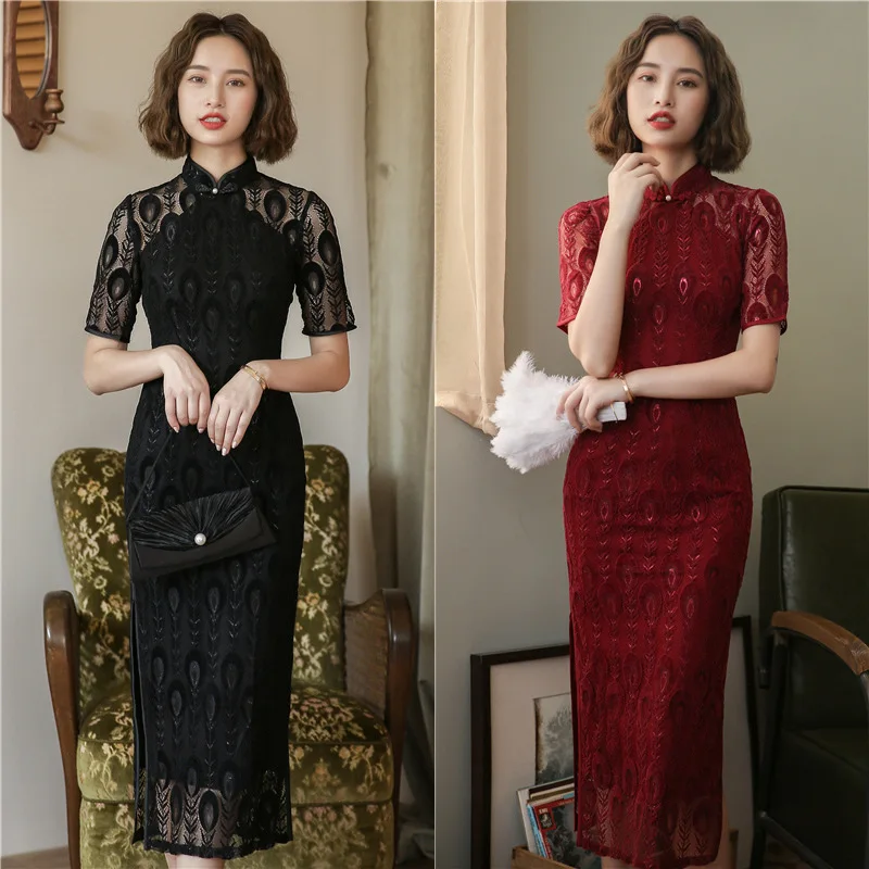 

Brand New 2020 Autumn/winter New Red Odey Cheongsam Retro Modified Chinese Style Young Lace Long Dress B402