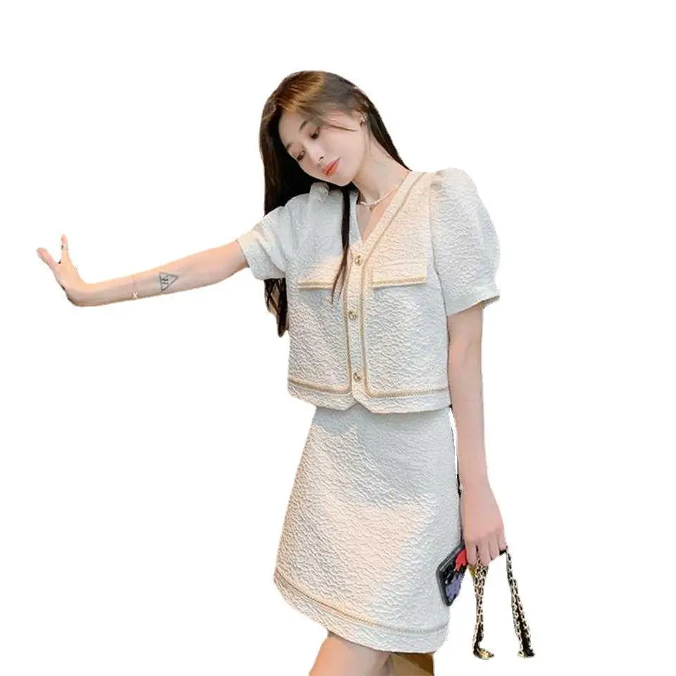 

Hot Dress Sets for Women Sweet Short Sleeve Solid Color V-Neck Tops Fashion Soft Thin Short Skirts College Style Party Dresses