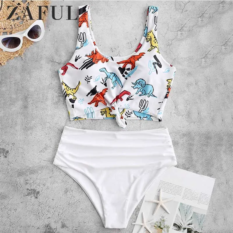ZAFUL с бантиком принтом &quotдинозавр&quot высокой талией Tankini Купальник Мягкий