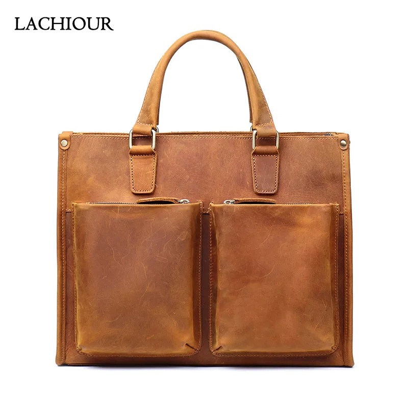 LACHIOUR Unisex Genuine Leather Handbag Men 14 Inch Laptop Messenger Bags Male Office Ducuments Travel ShouLder Bag Briefcases