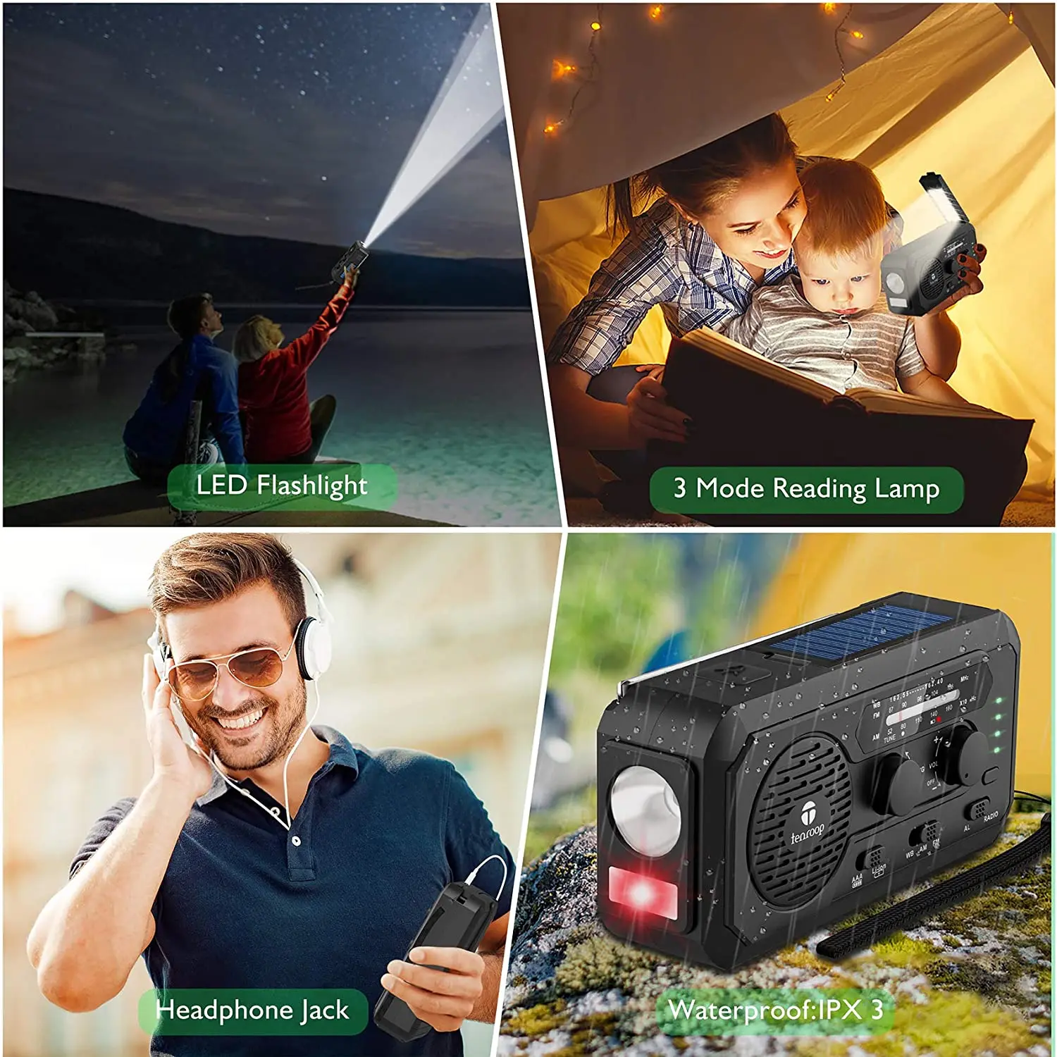 

Hand Outdoor Radio Solar Powered AM/FM/NOAA Weather Radio Multifunctional Use Emergency LED Flashlight and Power Bank