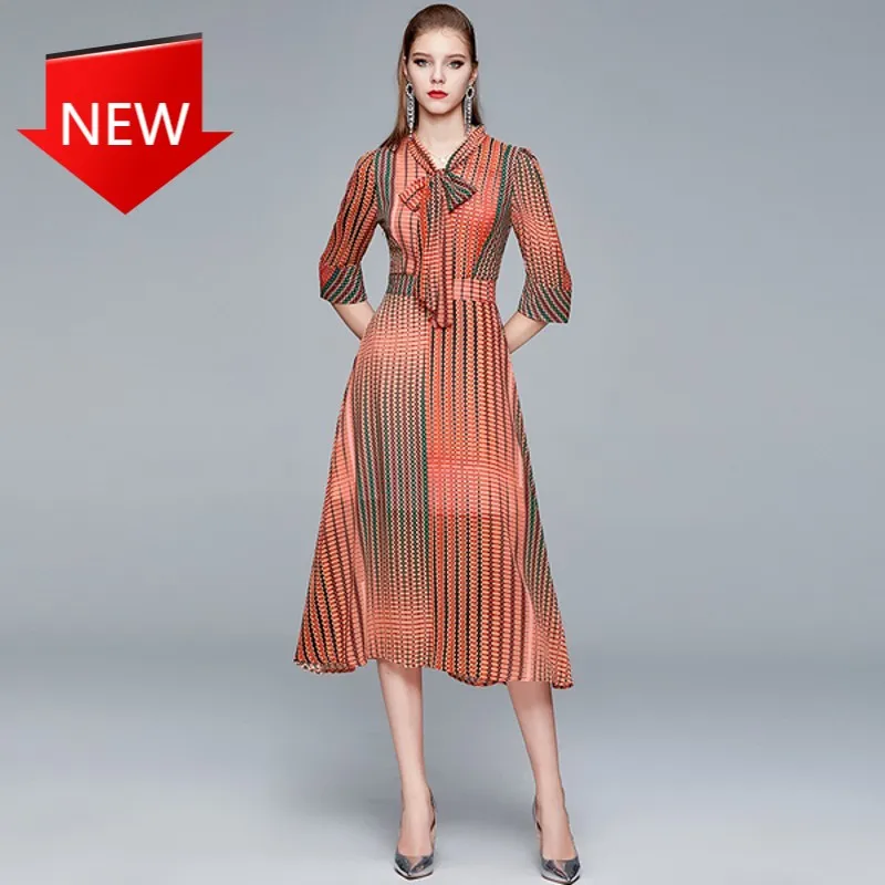 

Праздничное платье с цветным принтом и рукавом три четверти, платье с бантом на воротнике, приталенное платье, новинка сезона весна-осень, ж...