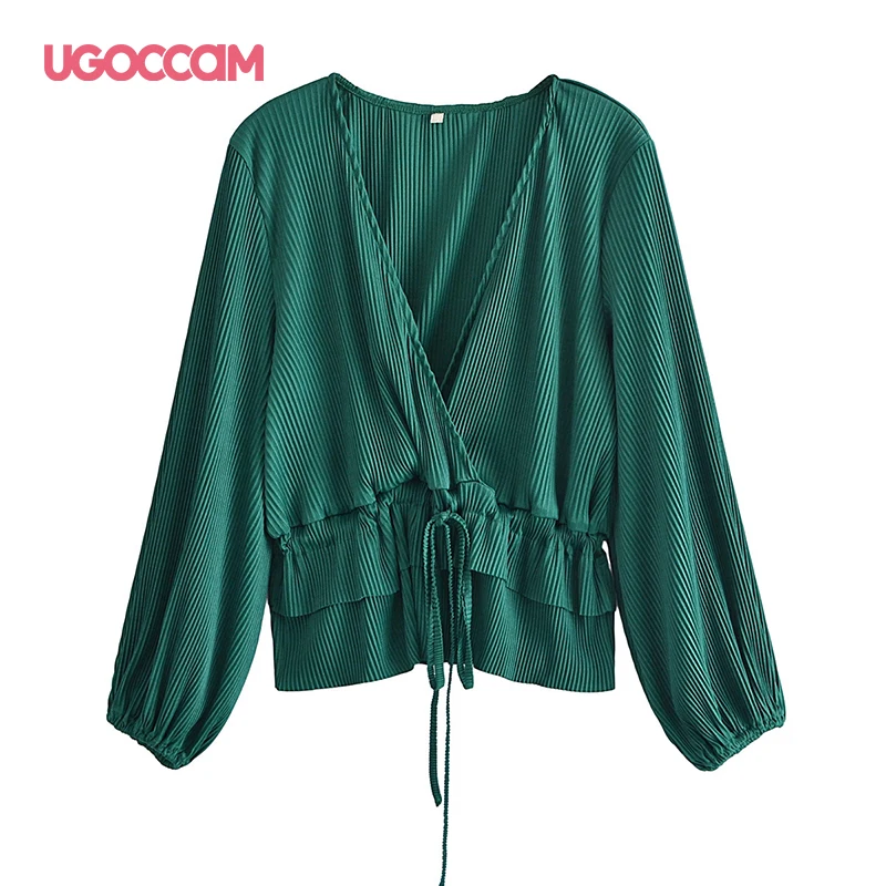 

UGOCCAM Women Fashion Cross V Neck Press Pleated Green Smock Blouse Kimono Blusas Tops Lady Chic Hem Ruffles Lace Up Shirt