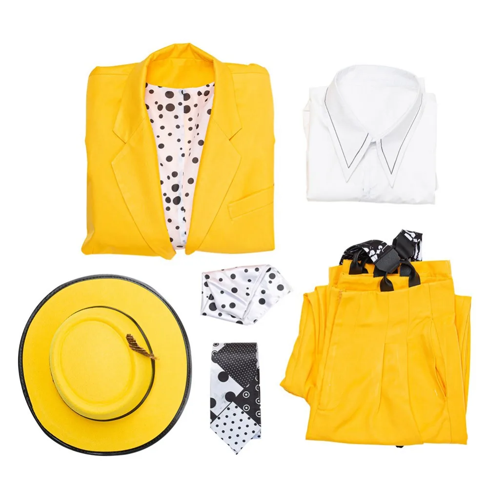 

Cossky Stanley Ipkiss Cosplay Costume Men Yellow Suit Full Set With Hat Halloween Costume