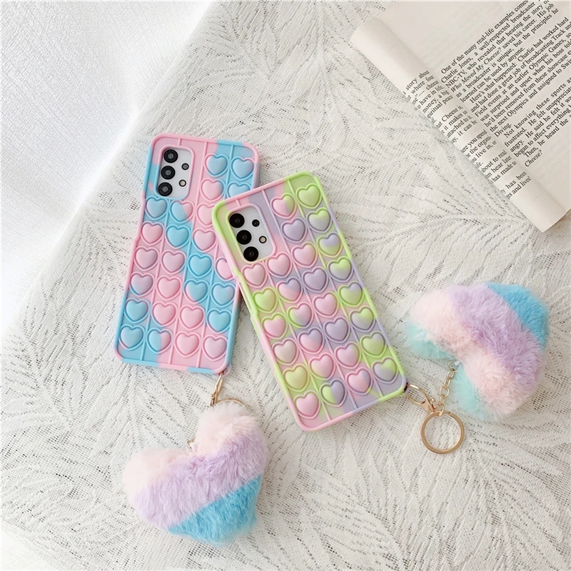 

Cute 3D Camouflage Love Heart Phone Case for Samsung A21 A50 A51 A70 A31 A71 A52 A72 A12 S21 Plus Rainbow Pop Toy Bubble Cover