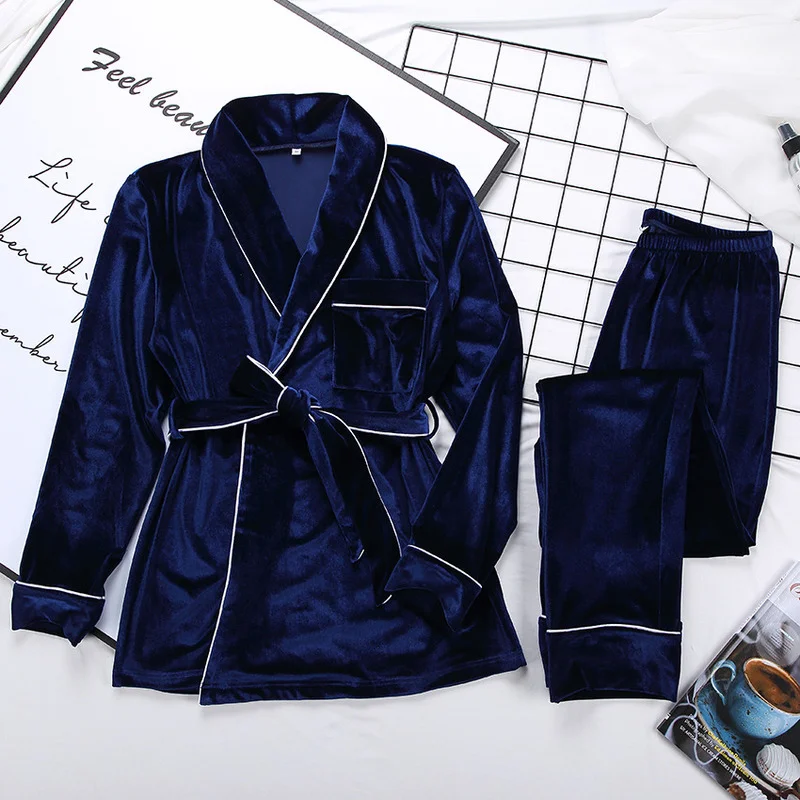 

Velvet Warm Pajamas For Women Robes And Pants Solid Pocket Long Sleeve Thick Home Wear Autumn Night Suit Winter Casual