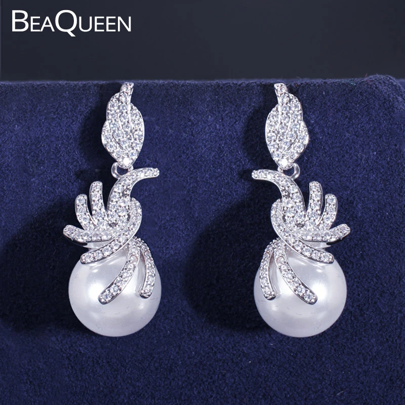 BlingZircons новые серебряные Цвет кубического циркония инкрустированный камнями мода, белый жемчуг серьги падение серьги для Для женщин подарок E169