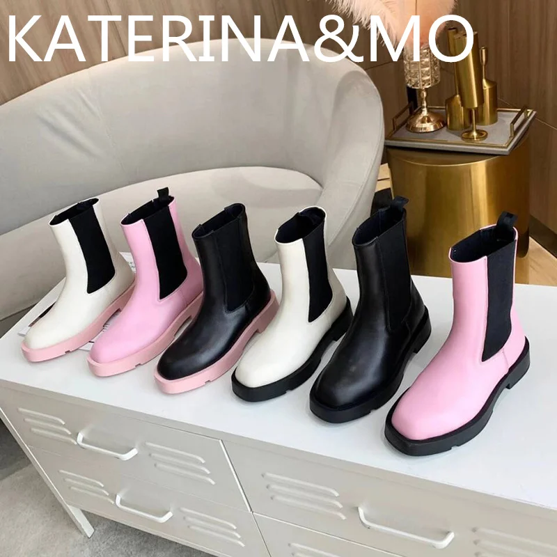 

New Pink Thick Sole Chelsea Boots Women Genuine Leather Round Toe Ankle Boots Woman Casual Motorcycle Boots Mujer Martins Boots