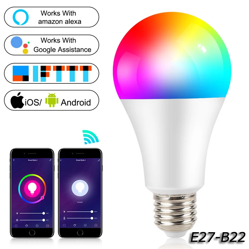 WiFi умный светильник B22 E27 LED RGB лампа работает с Alexa/Google Home AC100 265V + белый Диммируемый