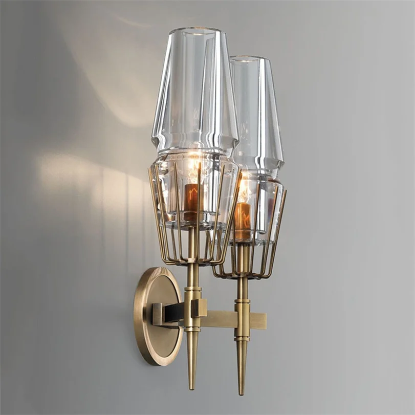 

Classic Copper lamp Living Room Wall Sconce Glass lampshade Luminaria Villa Hall Wall Light Fixture Modern Foyer Led Wall Lamp