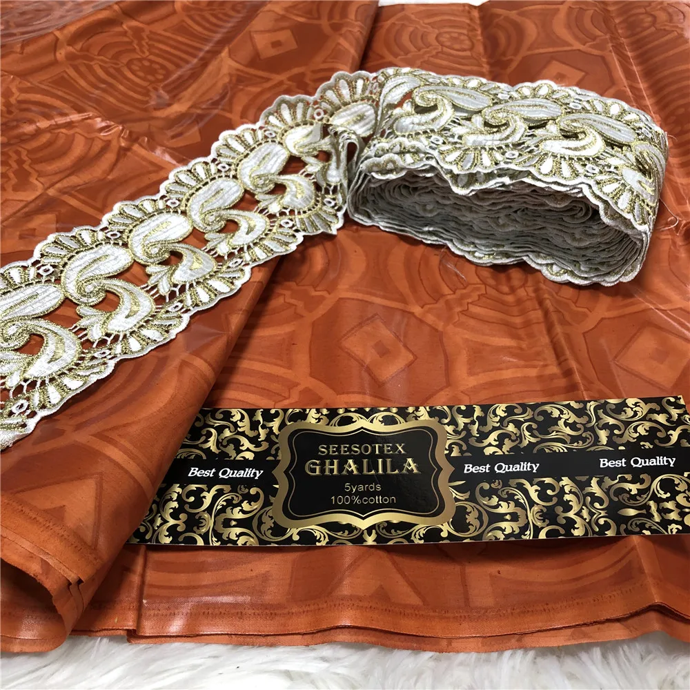 

New African Cotton Ghalila Shiny Orange Bazin Riche Fabric 5yards with 10yards cord lace matching guipure lace fabric 100%cotton