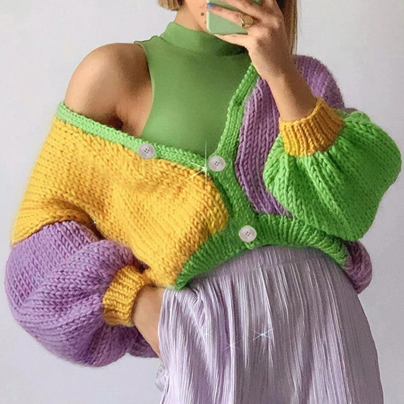 Color Block Chunky Knit Cardigan Lilac & Yellow & Green V-Neck Button Up Crop Sweater Y2K 90s Aesthetic Clothes