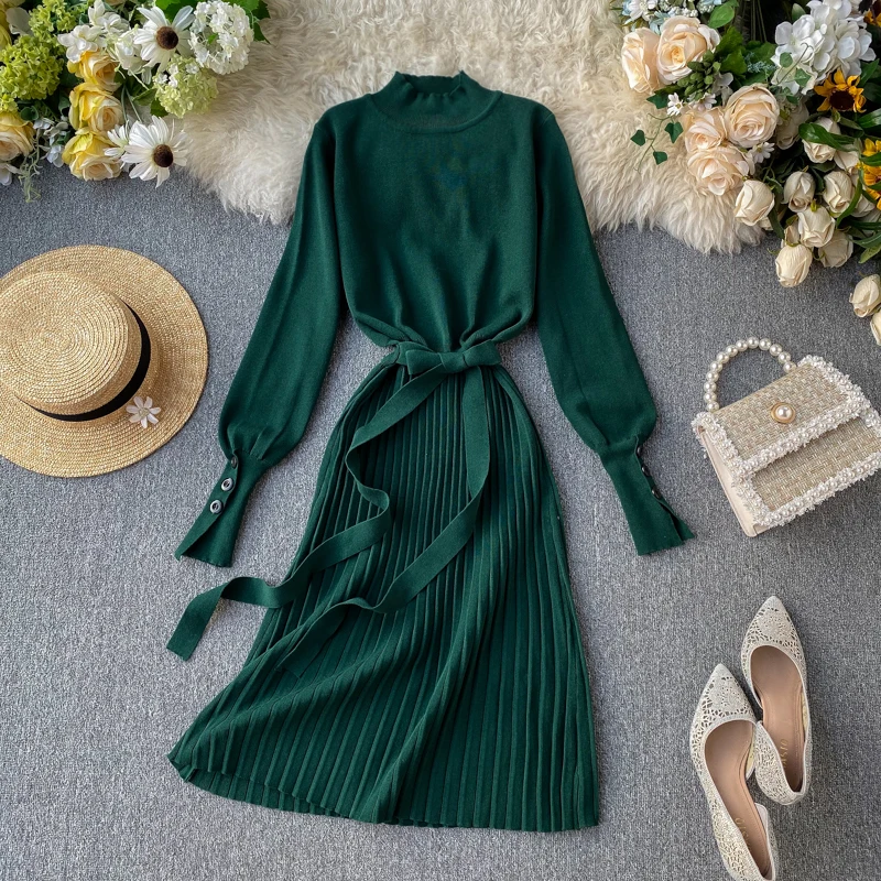 Женское плиссированное платье-свитер с поясом элегантное винтажное длинное