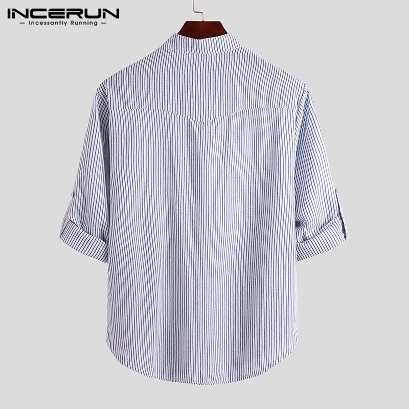 

INCERUN Casual Men Striped Shirt Brand 2021 Long Sleeve Stand Collar Button Leisure Shirts Streetwear Fashion Camisa Masculina