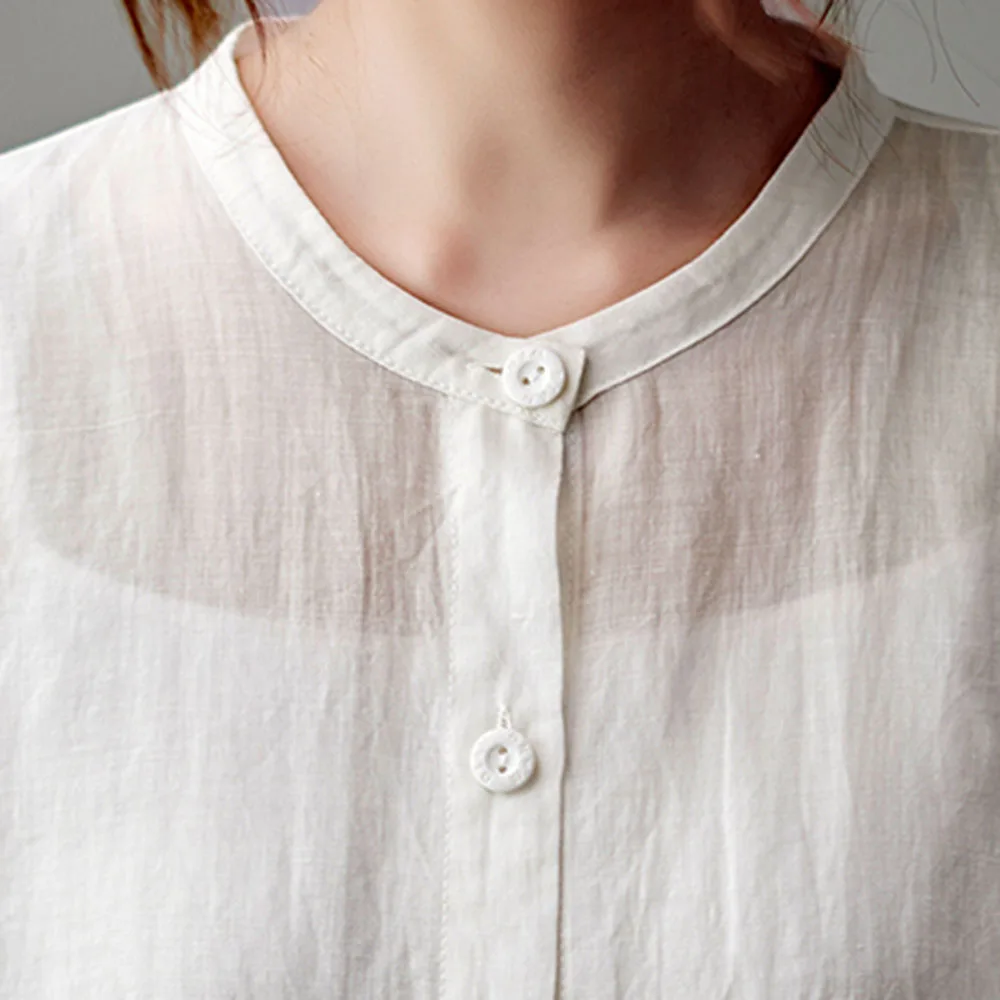 

2021 Summer New Solid Color Loose Casual Japanese Style Simplicity Temperament Blouse Round Neck Summer Single-breasted