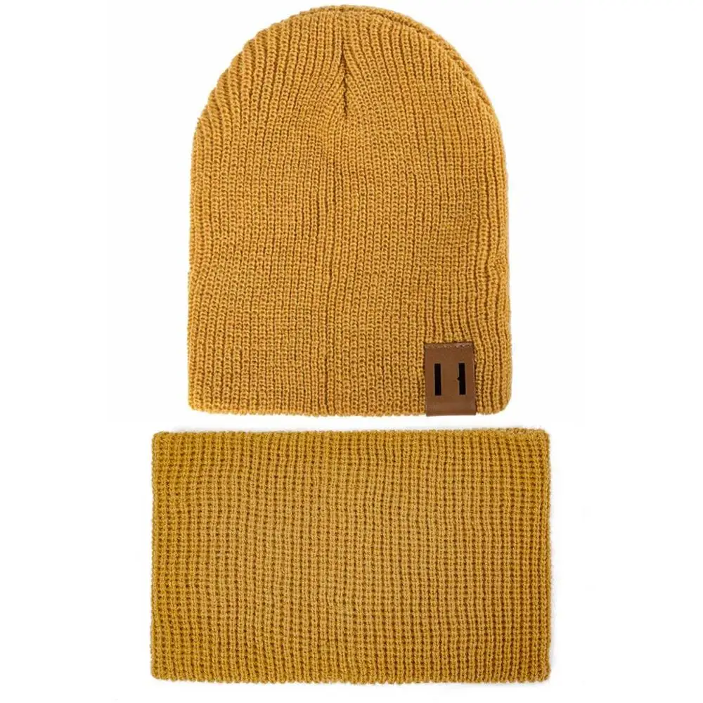 Yellow Модная осенне-зимняя шапка и шарф для женщин, детская шапка и шарф, одноцветная Шапка-бини, шапка и снуд для мальчиков и девочек - Цвет: Yellow