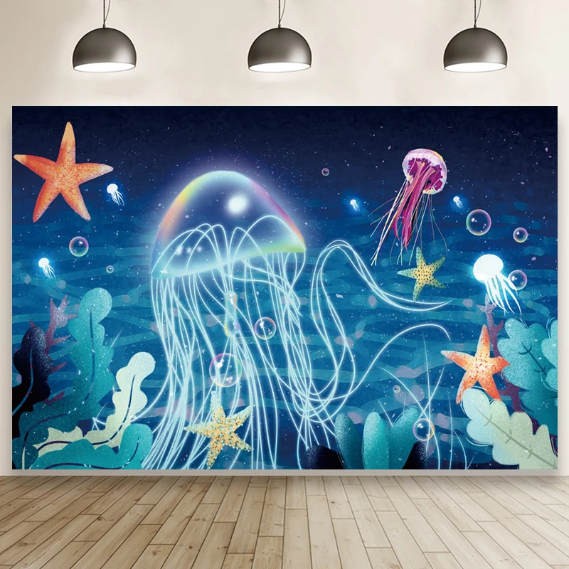 

Blue Ocean World Magical Jellyfish Backdrop Children Exploring Nature Secret Party Photo Starfish Coral Algae Microbe Background