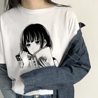 Женская футболка в стиле Харадзюку, белая футболка с графическим принтом в японском стиле аниме, с круглым вырезом
