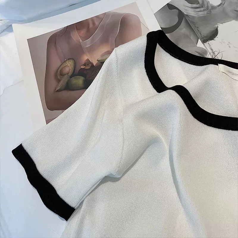 

Hit Color Design Splicing Knitted Tops Women's Summer Round Collar Short Sleeve Short Female T-Shirts 2021 New Korean Sweet Tops