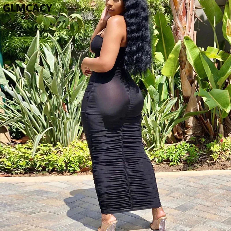 Women Spaghetti Strap Mesh Black Maxi Dress Summer Sleeveless Bodycon Long Classy Evening Party | Женская одежда