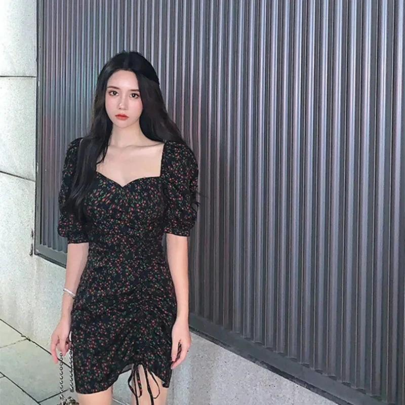 

2021 Summer French Retro Boho Drawstring Mini Sexy Women Dress Elegant Puff Sleeve Casual Party Beach Light Female Dresses