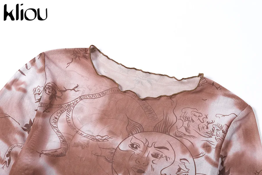 Kliou Сексуальная женская футболка с цветочным принтом прозрачные сетчатые укороченные топы с длинным рукавом кружевная тонкая женская футболка с рюшами