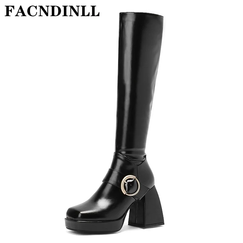 

2021 New Arrival Women Long Boots Sexy Square High Heels Platform Black Brown Zipper Dress Party Knee High Boots Plus Size 34-43