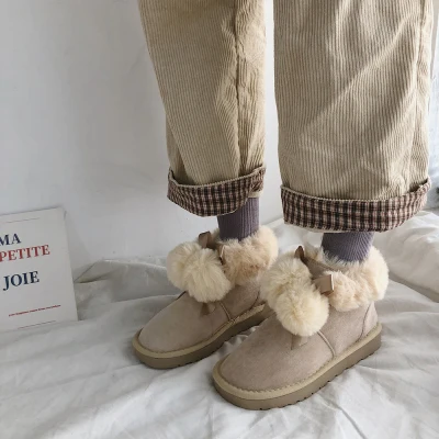 Женские теплые ботинки модные толстые бархатные с шерстяной лентой и помпоном