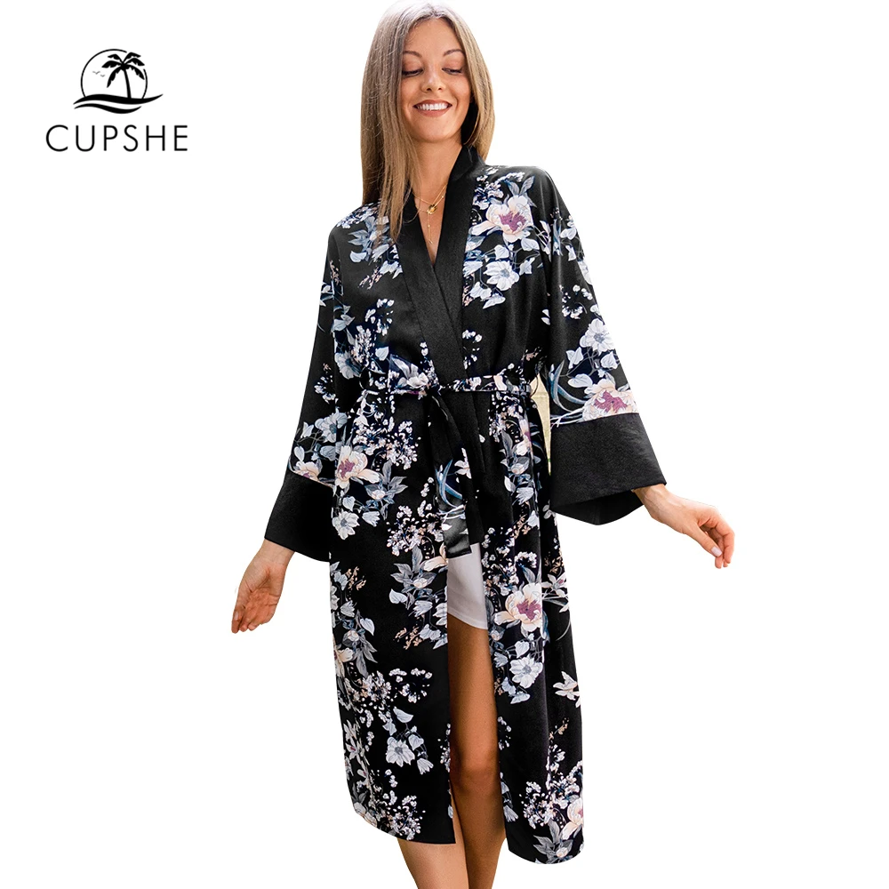 CUPSHE черный цветочный принт с длинным рукавом бикини накидка поясом халат накидки