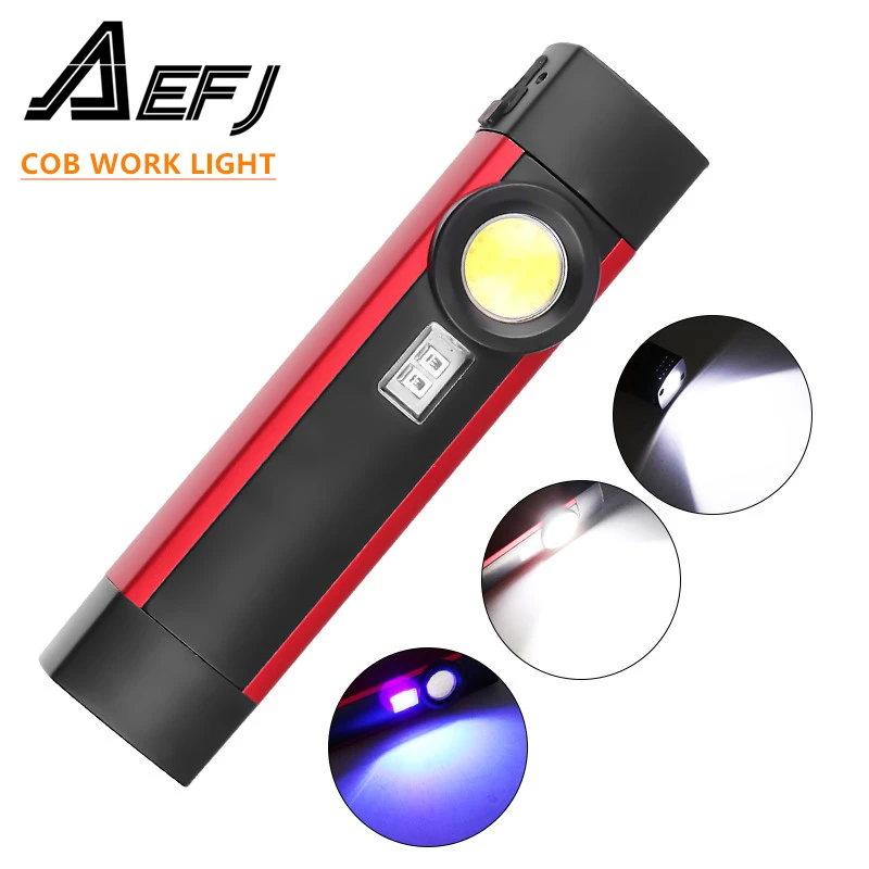 AEFJ Portable 4 Mode COB Flashlight UV Torch USB Rechargeable LED Work Light Magnetic XPE Hanging Hook Lamp For Outdoor Camping
