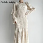 Женское винтажное платье макси с оборками, элегантное облегающее платье с круглым вырезом и расклешенными рукавами, облегающая ажурная модная шикарная одежда в Корейском стиле