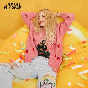 Женский кардиган ELFSACK, с вышивкой в виде клубники и жемчуга, на пуговицах, 2019, осень, с длинным рукавом, золотой шелк, корейский