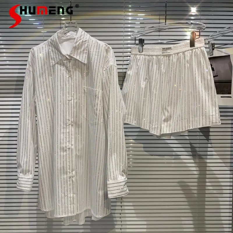 

2021 новые летние блестящие вертикальный Стразы шорты Комплект для женщин с отложным воротником рубашка с длинными рукавами и шорты с эласти...