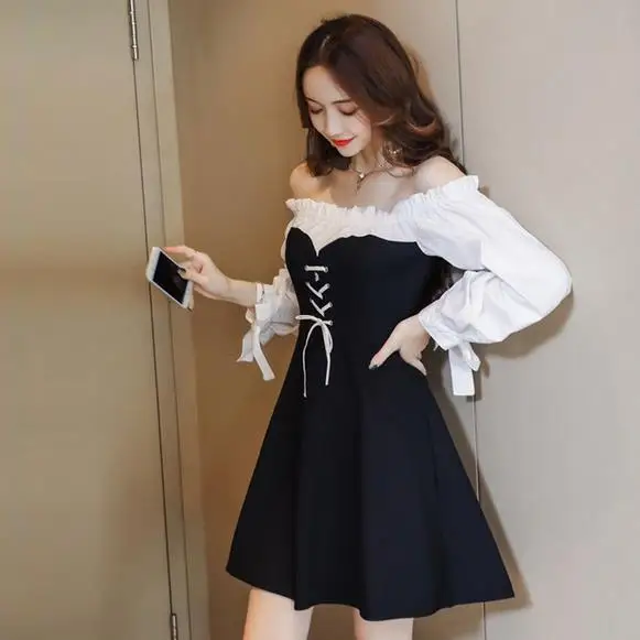 Женское Короткое облегающее платье рубашка черное белое с шнуровкой и